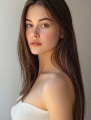 Fototapeta premium young woman with long brown hair, wearing an off-white tank top
