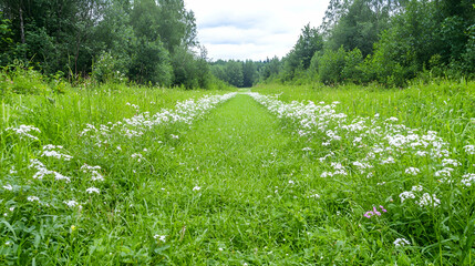 Path through flowering meadow, forest backdrop, nature scene, idyllic landscape, summer travel