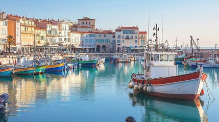Fototapeta premium Colorful fishing boats in a harbor at sunrise, picturesque town in background