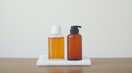 Two bottles of liquid, on a white towel, on a light brown wooden surface. Possible use for a beauty or health product catalog