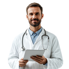 Smiling doctor holding digital tablet in medical facility on white or transparent background