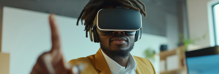 Young African American man in business office using VR headset