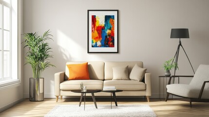 Bright living room featuring abstract art above a beige couch