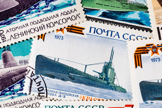 Kyiv. Ukraine. January 26, 2025. Set of USSR postage stamps with submarines.