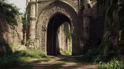 Obraz premium Sunlit overgrown ancient archway in ruins