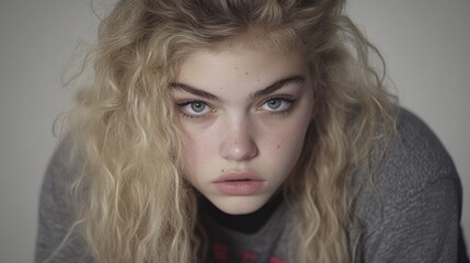 Blonde girl portrait, studio shot, serious expression, grey background, beauty campaign