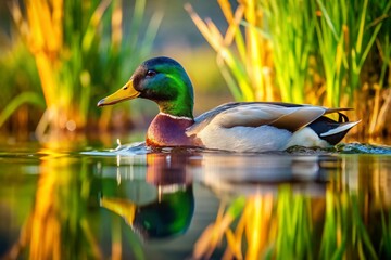 Fototapeta premium Mallard Duck Diving for Food in a Serene Pond - Stunning Nature Photography
