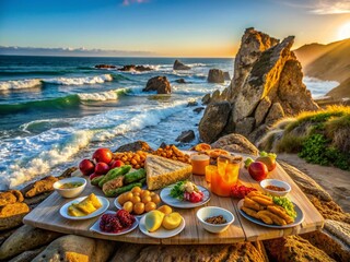 Obraz premium Malibu Beach Rocks & Coastal Food Picnic: Sun-Drenched California Cuisine