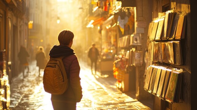 Tourist exploring sunlit European alleyway, bookstore background, travel blog