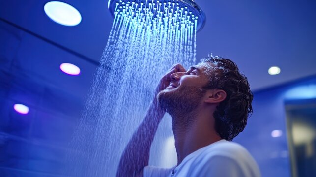Man enjoying blue-lit rainshower in modern bathroom