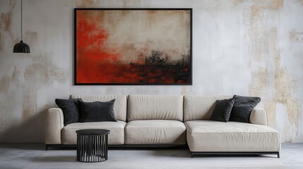 Beige sectional sofa with abstract painting in a modern living room