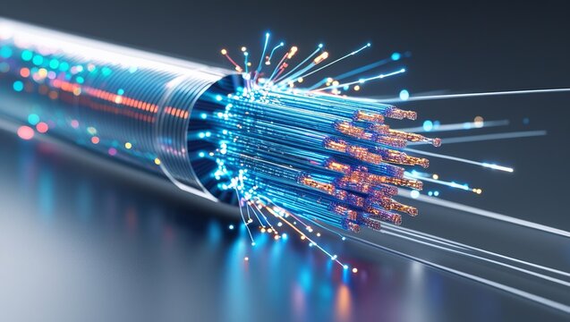 3D Rendering of Cracked Open Fiber Optic Cable with Light Pulses