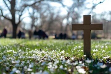 Wooden cross on the grass, surrounded by white flowers and soft sunlight. The background is blurred with people walking in the distance. 