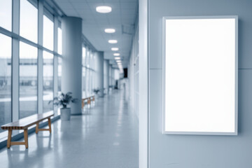 Mock-Up promotion poster displayed on the front of bright blur medical clinic, hospital interior background with defocused effect. Blank A4 white paper on abstract defocused luxury office corridor. Ad