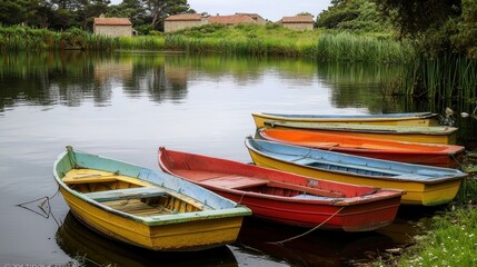 Obraz premium Colorful rowboats on tranquil lake, rustic buildings in background