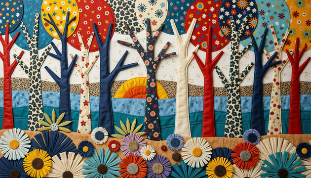 Colorful fabric art with trees, flowers, and sun on a patchwork background, creative concept