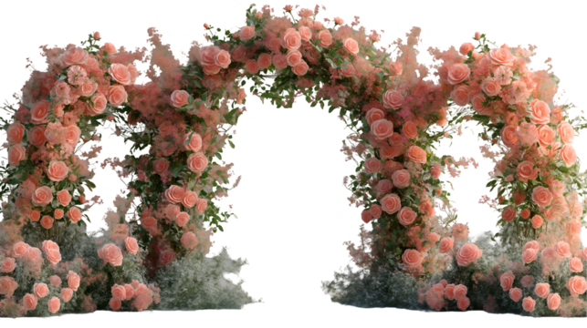 Peach Rose Floral Arch Romantic Wedding Backdrop, Pink Roses for Blooming Event Decor, isolated on transparent background.