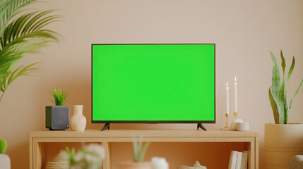Modern home entertainment setup with television on wooden stand and green screen display