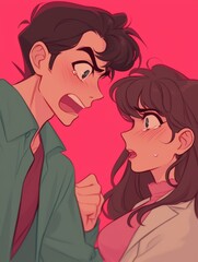 Young couple arguing passionately with intense expressions in a colorful style  