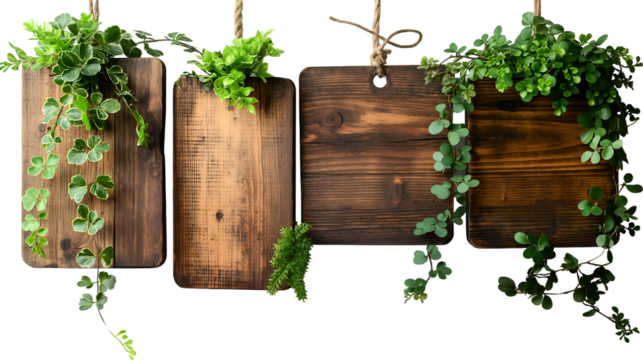 Wooden Planters Lush Greenery, Hanging Botanical Decor for Farmhouse Style, isolated on transparent background.