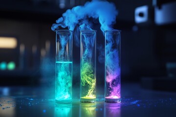 A dynamic laboratory scene featuring glassware filled with colorful liquids and swirling smoke, depicting an active chemistry experiment.


