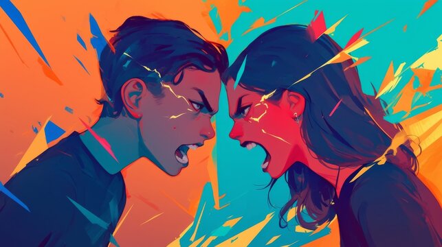 Young Couple Arguing Passionately with Intense Expressions in a Colorful Style
