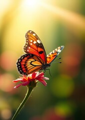 Sun's rays illuminate red admiral butterfly sitting on flower with web blurred green background bokeh red bokeh abstract background glow design light texture effect sparkle