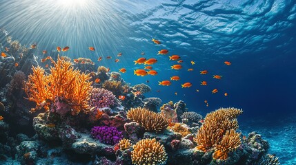 Obraz premium Vibrant Coral Reef Ecosystem With Sunlit Orange Fish