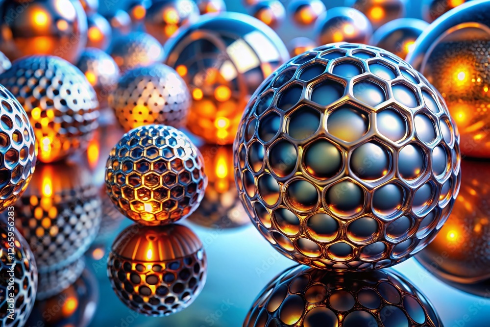 Poster microscopic metallic nanoparticles: spherical structures with reflections in high-tech lab setting
