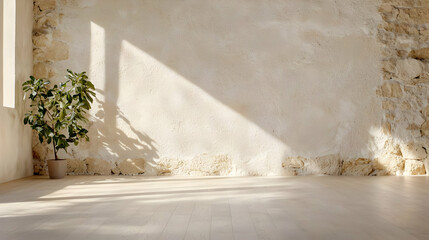 Sunlit empty room, stone wall, plant, wood floor; interior design