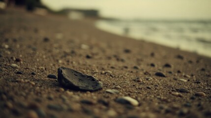 Lonely rock on sandy beach, ocean background, summer vacation