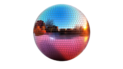 Disco Ball Reflection Pink and Blue Sunset, Retro Party Light for Dance Themes, isolated on transparent background.