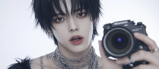 Stylish male model holds camera, studio shot, white background, promo use