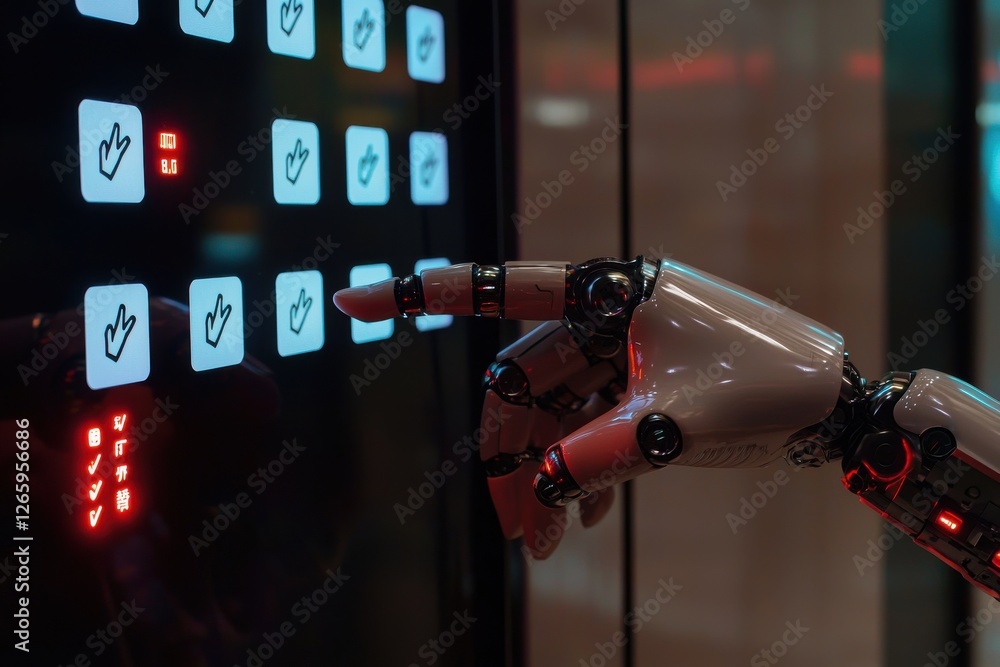 Poster robot interacting with a screen: technology and artificial intelligence concept