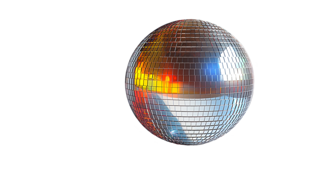 Silver Disco Ball Retro Party Glow, Shiny Sphere for Nightclub Dance Themes, isolated on transparent background.