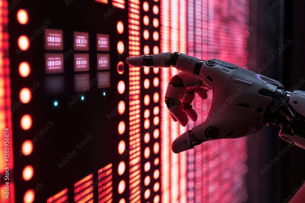 Poster robot hand touching a screen displaying data, showcasing ai and advanced technology.