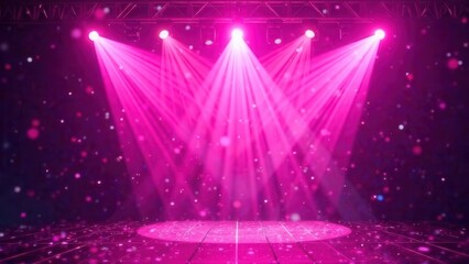 Pink spotlight stage background. Disco party projector light concert or show scene. Magic beam glow for nightclub or award winner with confetti glitter. Congratulation performance bg for celebrity