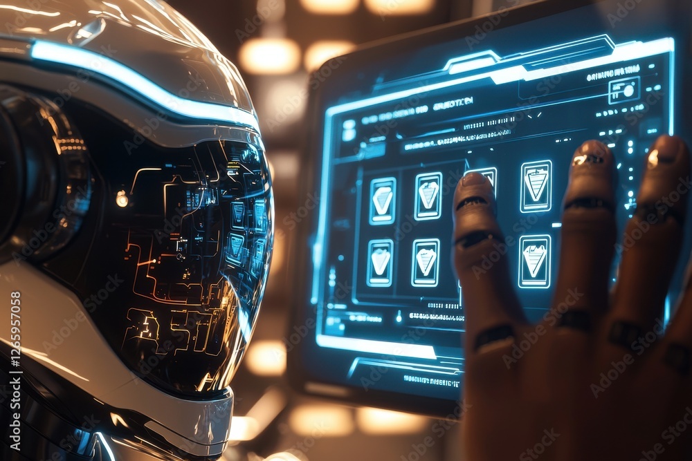 Aufkleber futuristic robot interacting with a digital interface, showcasing advanced technology.