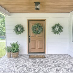 Front Porch Decor Wooden Door Greenery and Patterned Floor