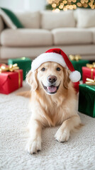 Cute golden retriever wearing Santa hat beside colorful gift boxes in modern living room decorated for Christmas