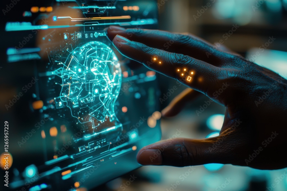 Poster human hand interacting with ai technology that visualizes a human brain with lines of data.