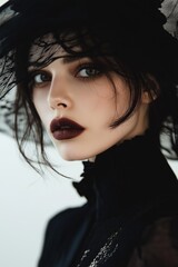Portrait of elegant woman with dark hair, wearing black hat and lipstick in modern gothic dress, looking at the camera against white background, closeup. Victorian and vintage style, gothic fashion.