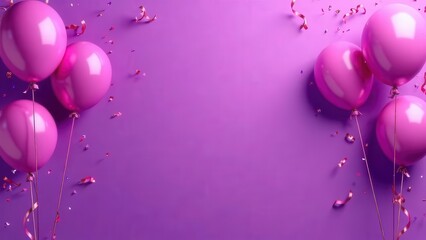 Purple birthday or anniversary horizontal banner with flying helium balloons and confetti ribbons. Realistic 3d vector illustration of holiday surprise and congratulation template.