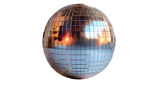 Silver Disco Ball Shiny Party Decoration, Retro Dance Light for Nightclub Themes, isolated on transparent background.