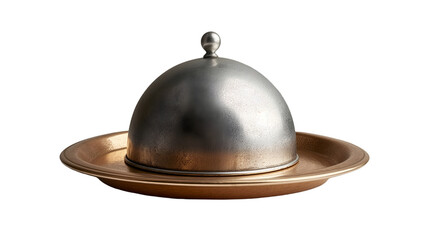 Pewter Dome Server Copper Tray Display, Stylish Metal Cover for Kitchen Decor, isolated on transparent background.