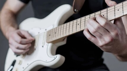 Fototapeta premium Man playing white electric guitar, close-up, studio shot. Possible use Music education, instrument demonstration