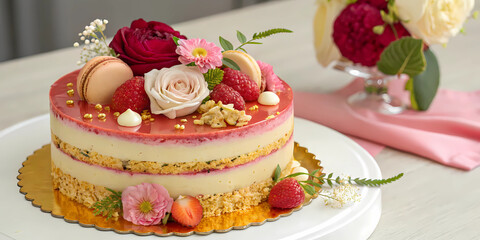 wedding cake with roses and flowers