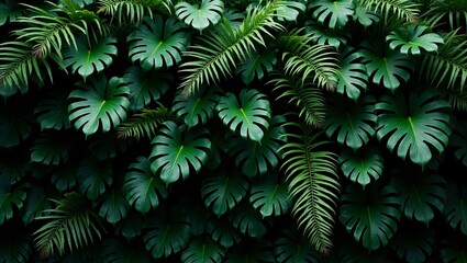 Lush Dark Green Tropical Foliage Wall with Anthurium, Epiphytes, and Ferns – Dense Vibrant Rainforest Background for Cloud Forest and Jungle-Themed Designs