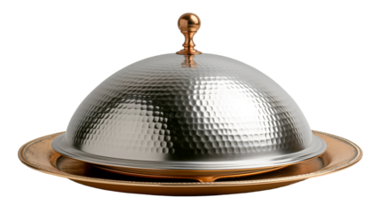 Hammered Silver Food Dome Elegant Serving Platter, Shiny Brass and Copper for Table Decor, isolated on transparent background.