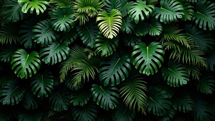 Lush Dark Green Tropical Foliage Wall with Anthurium, Epiphytes, and Ferns – Dense Vibrant Rainforest Background for Cloud Forest and Jungle-Themed Designs